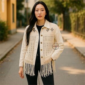 Zara Fringe Western Beaded Boho Button Front Festival Jacket Medium